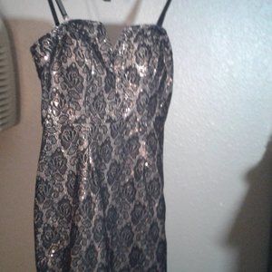 strapless Bisou Bisou rose gold sequined dress with blacl lace overlay